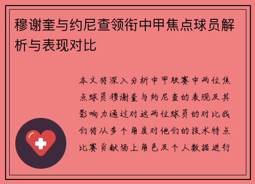 穆谢奎与约尼查领衔中甲焦点球员解析与表现对比