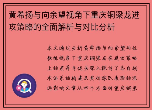 黄希扬与向余望视角下重庆铜梁龙进攻策略的全面解析与对比分析