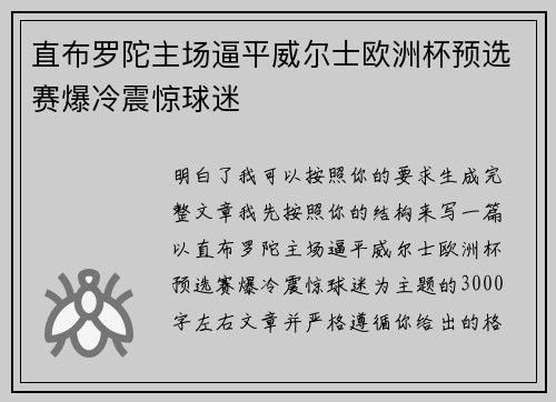 直布罗陀主场逼平威尔士欧洲杯预选赛爆冷震惊球迷