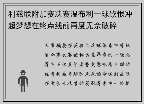 利兹联附加赛决赛温布利一球饮恨冲超梦想在终点线前再度无奈破碎