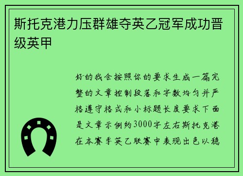 斯托克港力压群雄夺英乙冠军成功晋级英甲